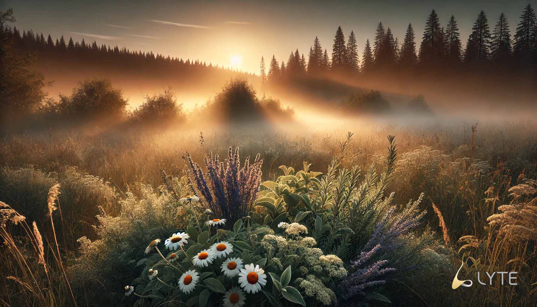 Im Vaporizer Kräuter verdampfen – Natürliche Aromen von Thymian, Salbei, Rosmarin und Lavendel Feld im Sonnenaufgang mit Nebel, Dampf aus dem Wald und Kräutern wie Thymian, Salbei, Rosmarin und Lavendel im Vordergrund